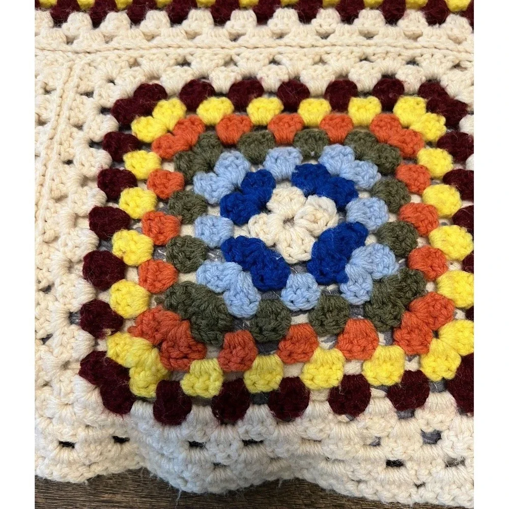 Grandma Decor Square Handmade‎ Crochet Quilt Afghan Throw Colorful Cream Border
